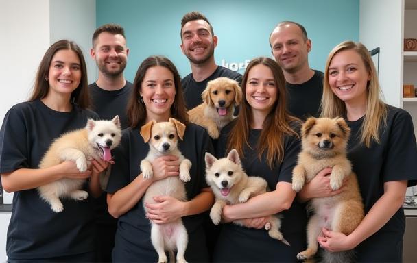 The Groomery UK team in the Manchester salon, smiling and holding pets